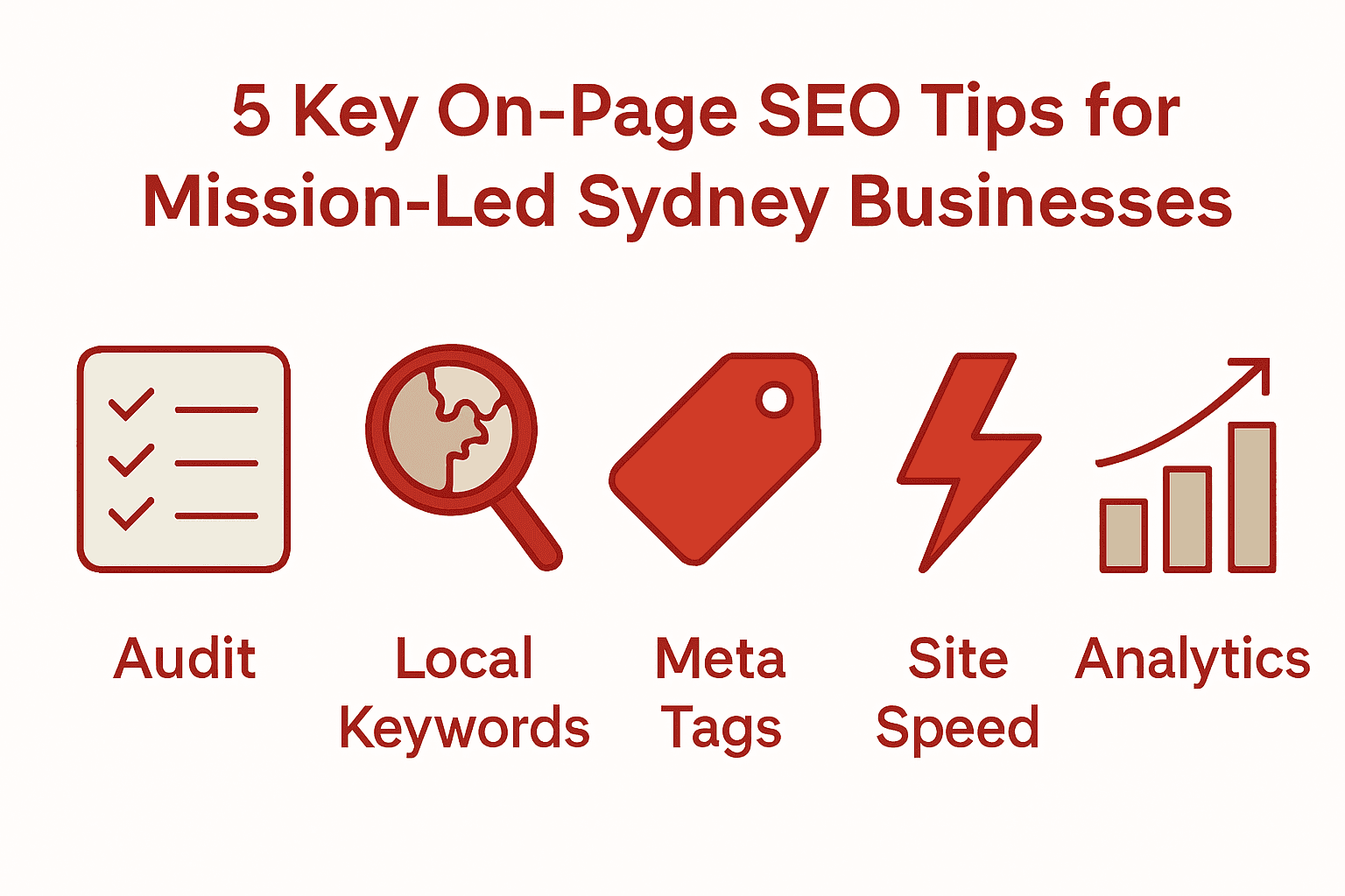 5 on-page SEO tips visual with icons and brief explanations