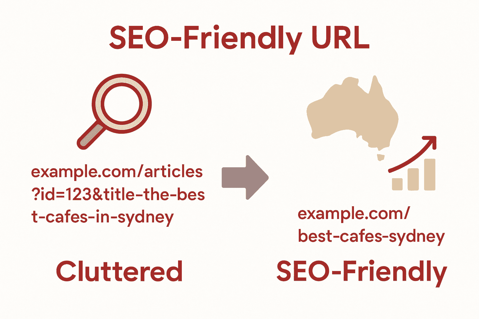 Infographic comparing cluttered URL to clean SEO friendly URL for Australian websites.