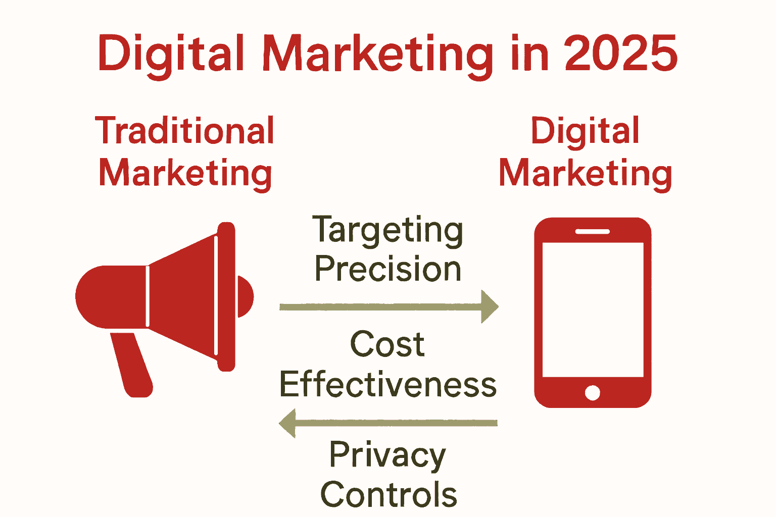 Side-by-side infographic comparing traditional and digital marketing features in 2025.