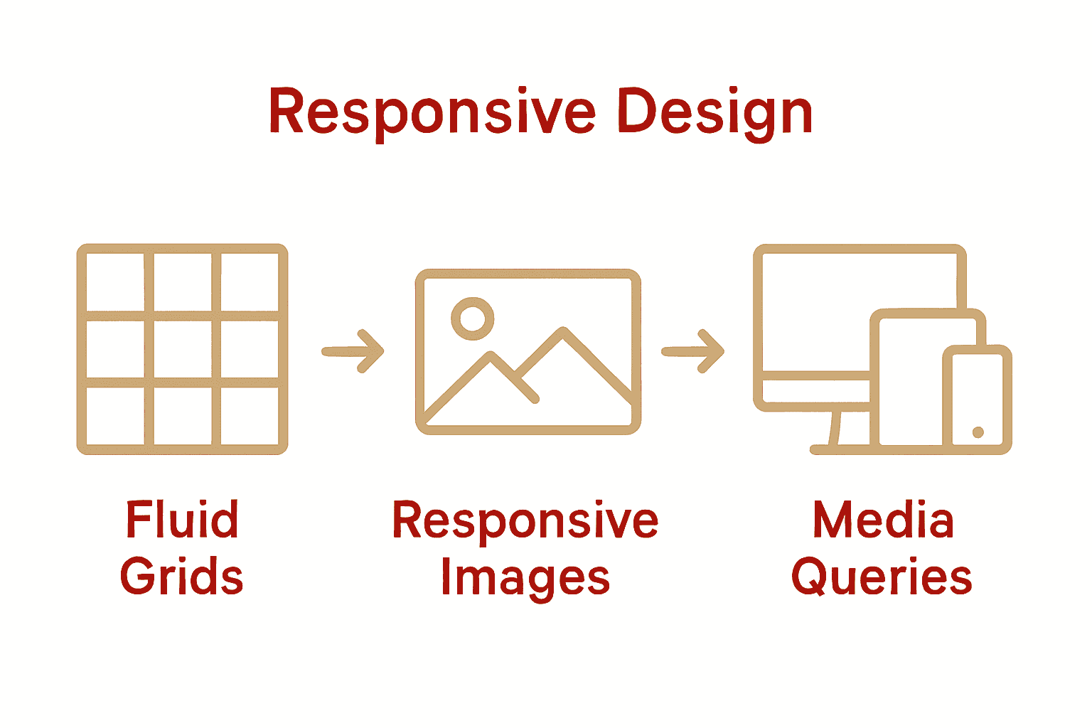 Infographic showing three main pillars of responsive web design: fluid grids, responsive images, and media queries.