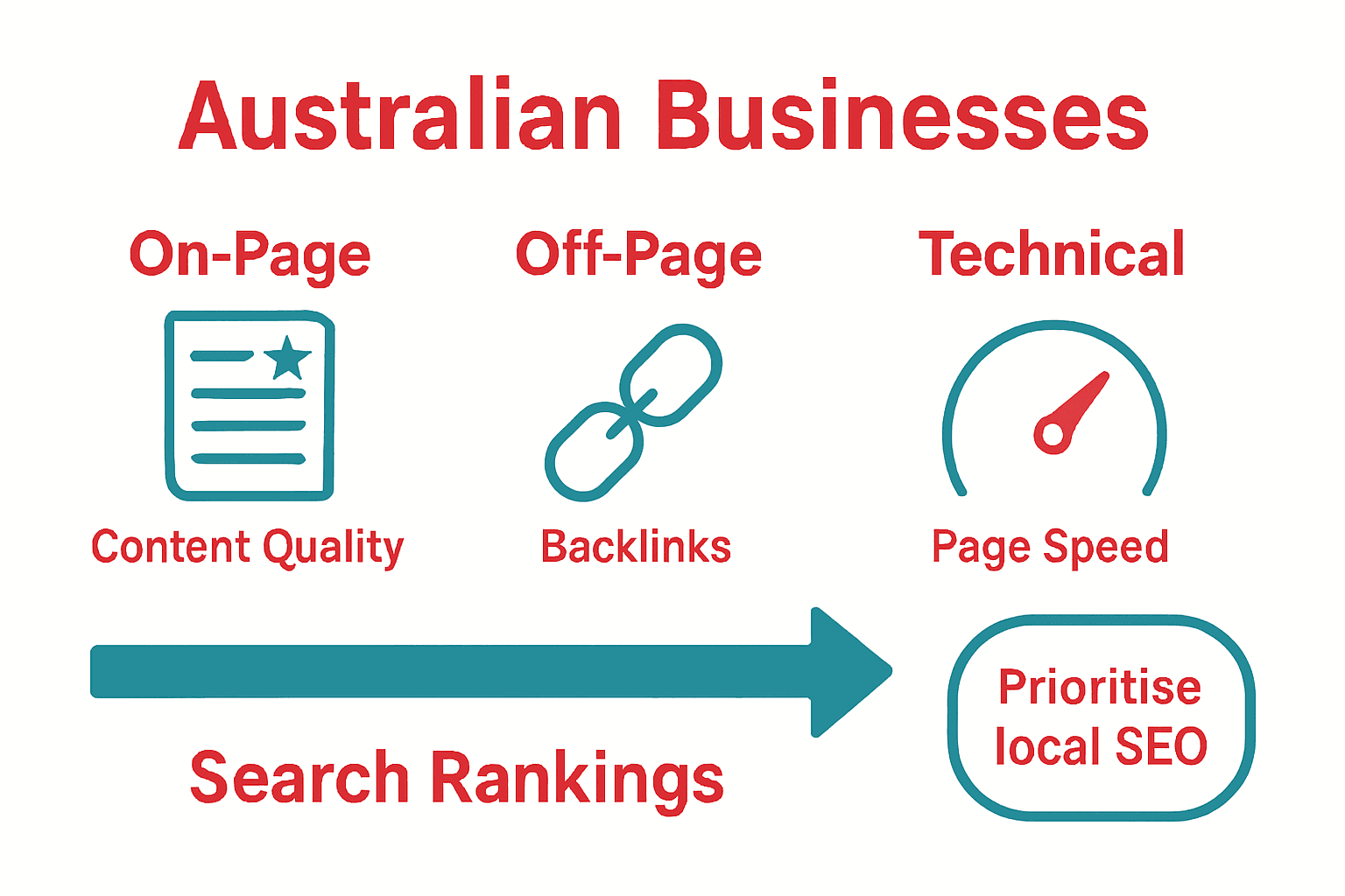 Infographic comparing on-page, off-page, and technical SEO factors for Australia.