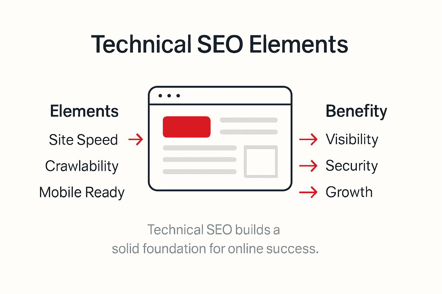 Infographic showing technical SEO key elements and benefits