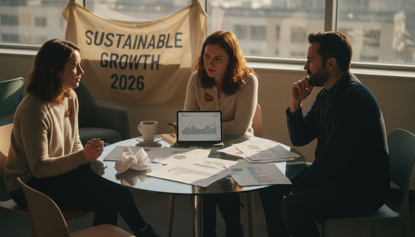 Team reviews analytics in office breakout area