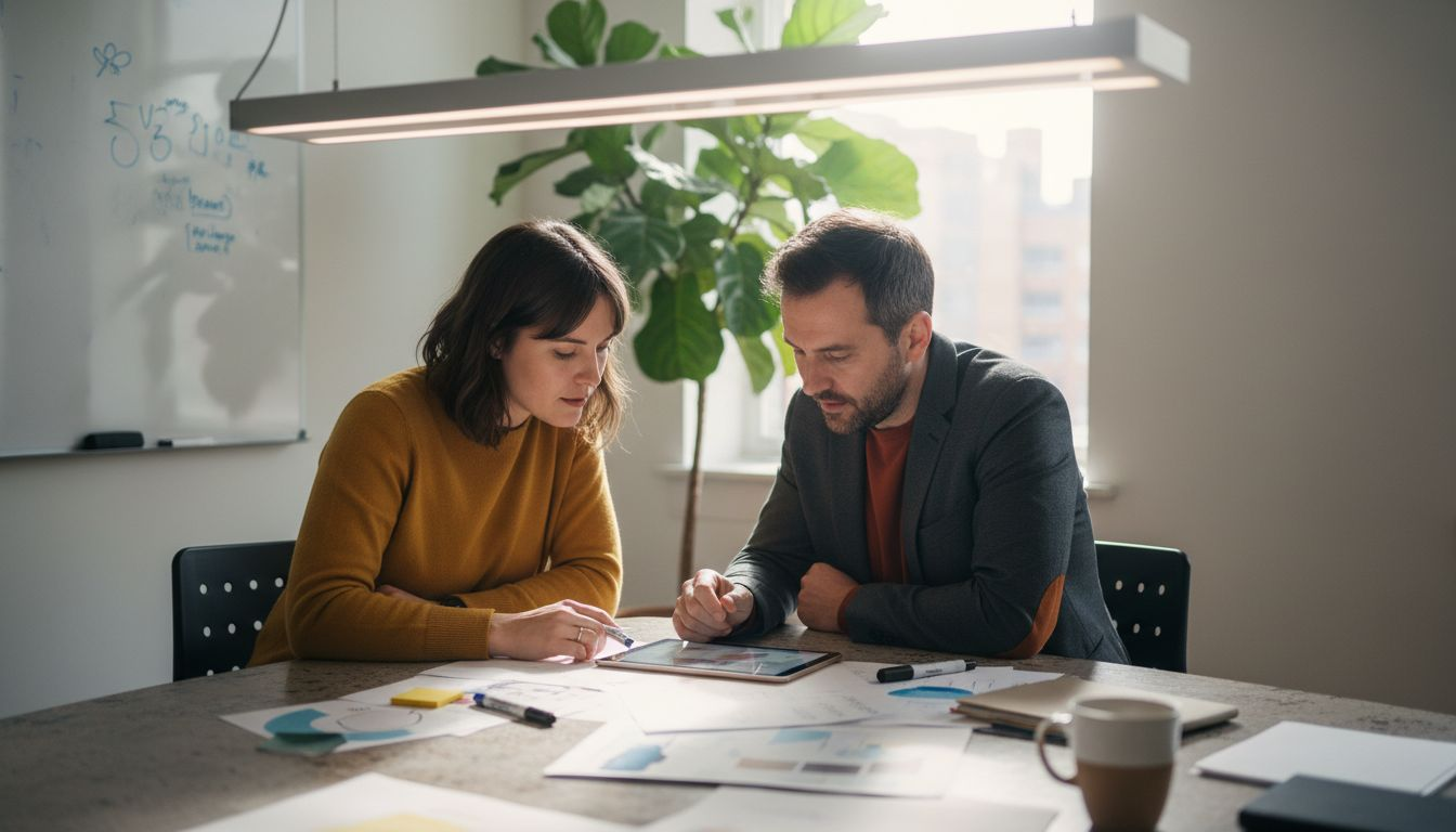 Colleagues reviewing project mockups in meeting room