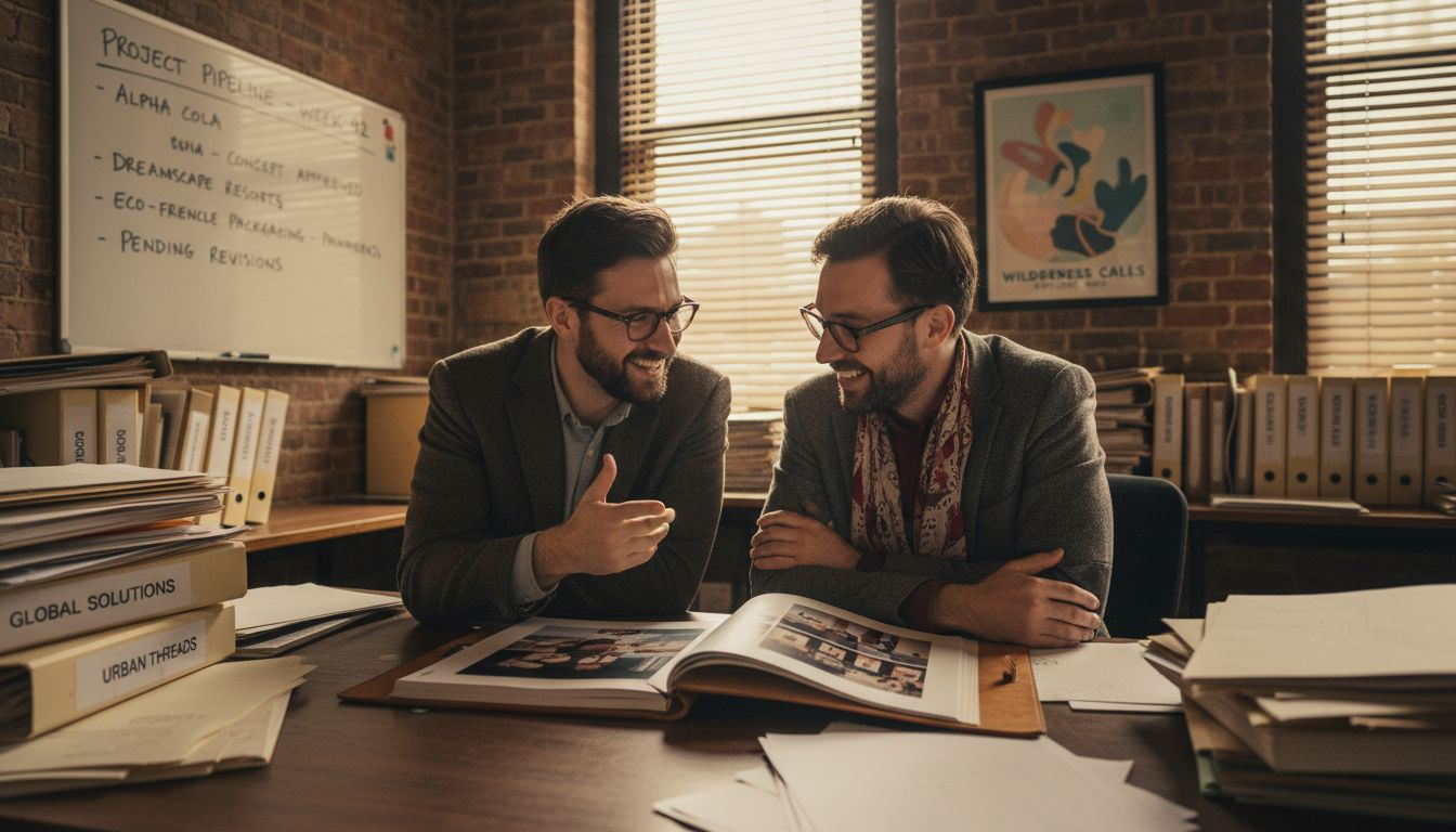Creative directors at cluttered desks reviewing portfolio