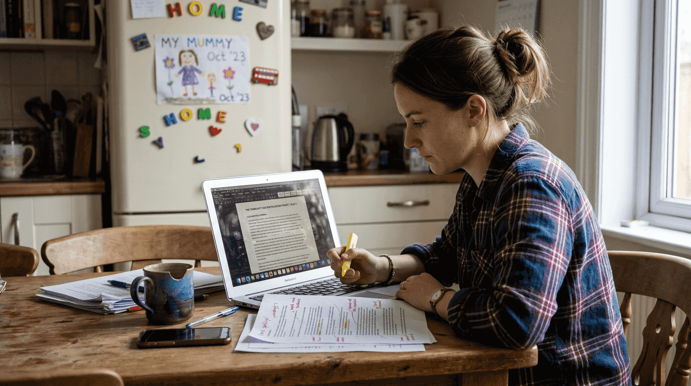 Woman highlighting article in casual kitchen
