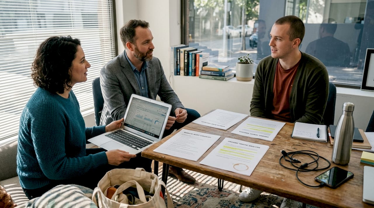 SEO consultant meets with small business owners