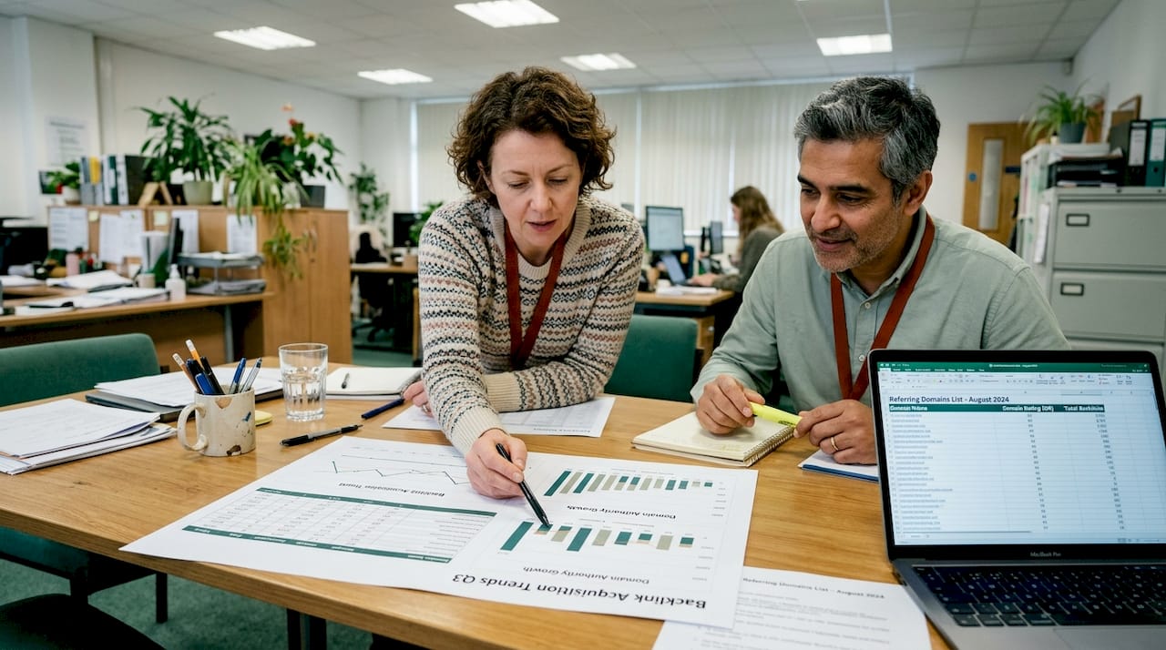 Team analyzing backlink report together