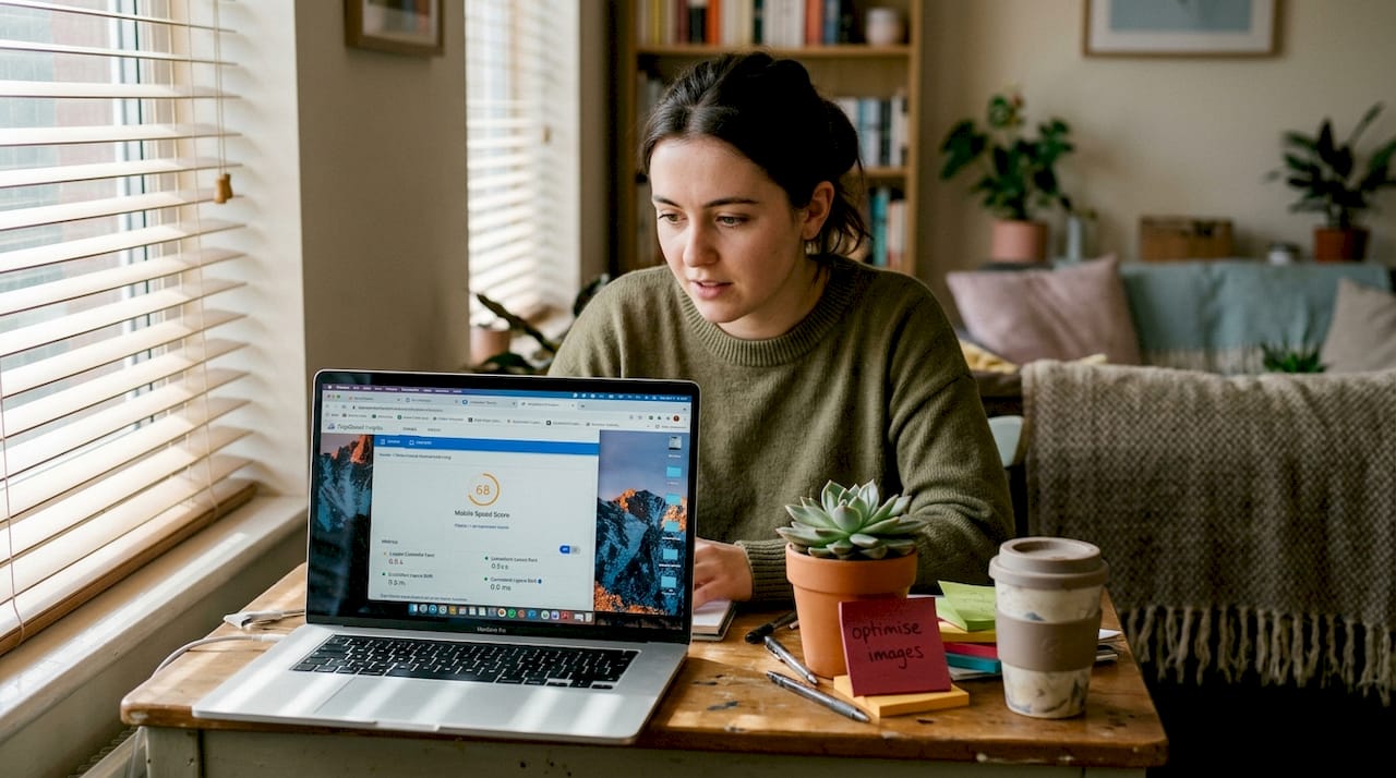 Web designer checks site speed in home office