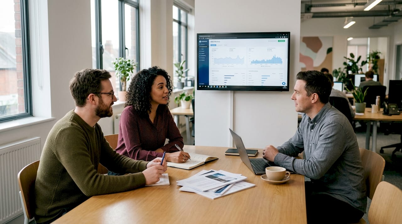 Team reviewing SEO metrics in workspace