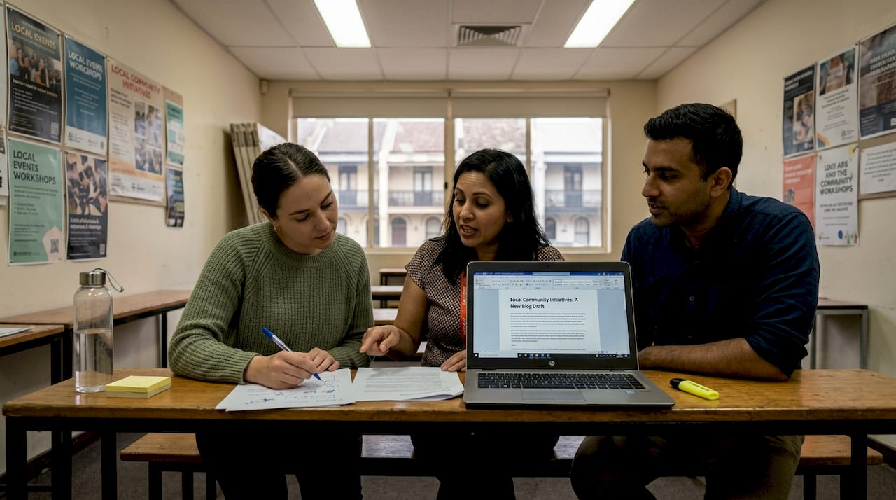 Team discusses SEO blog draft in meeting