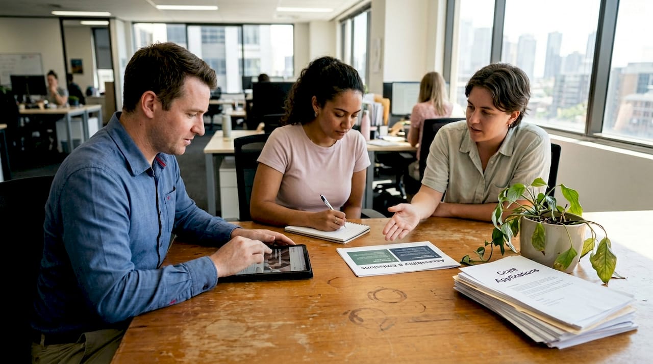 Nonprofit team discussing values-aligned website