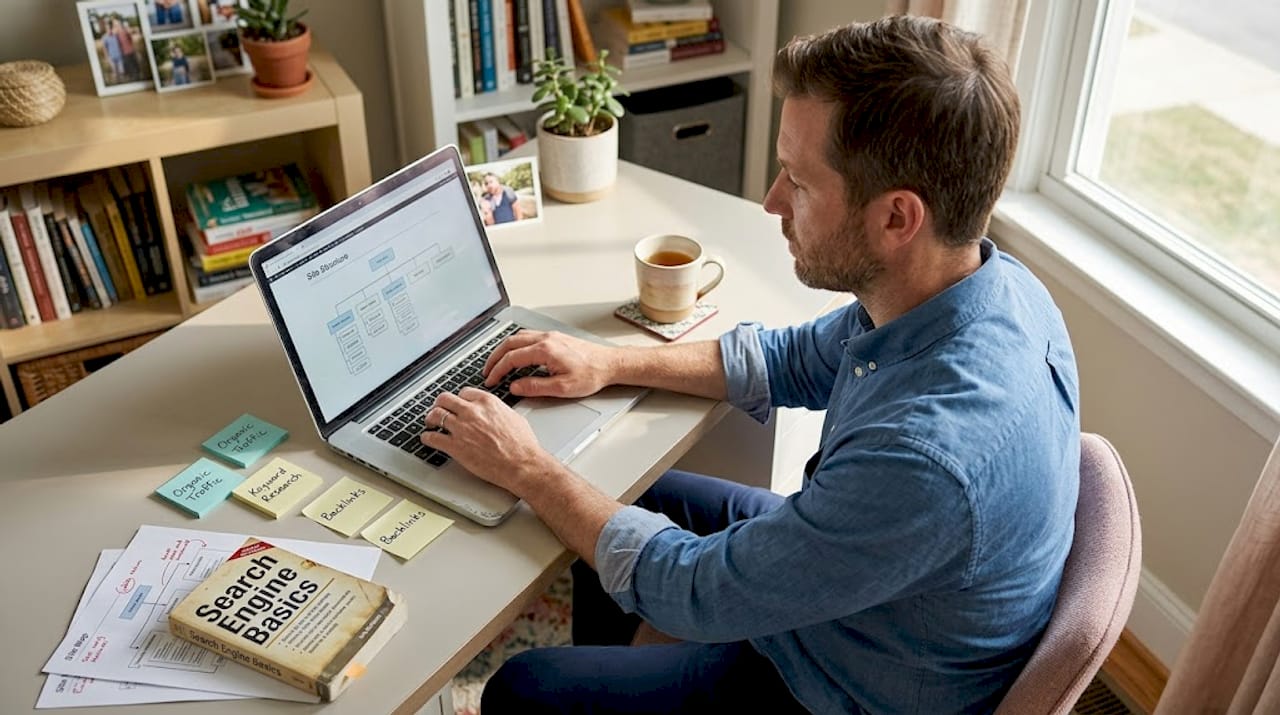 Person working on laptop with seo notes