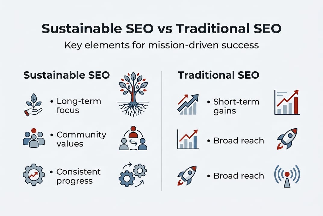 Infographic comparing sustainable and traditional SEO traits