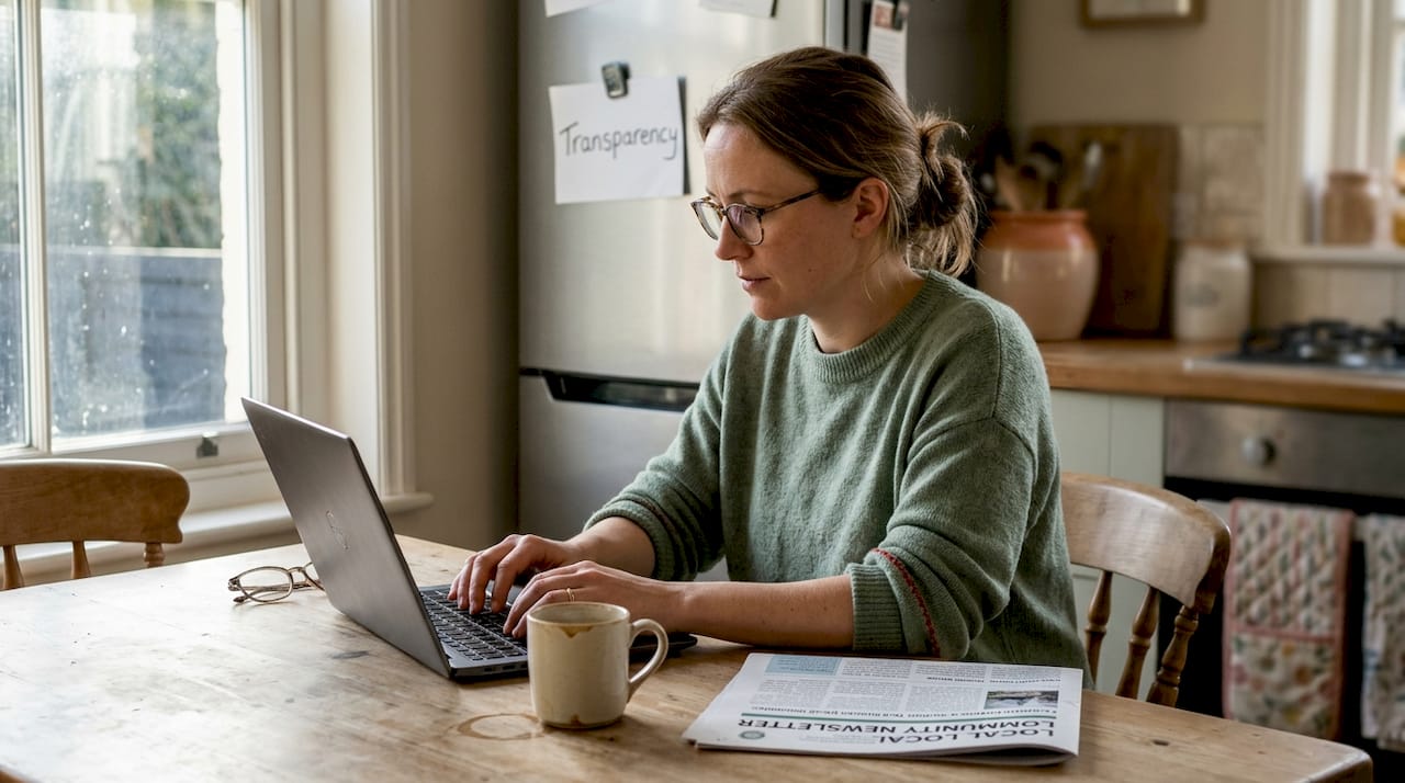 Writing ethical blog update at kitchen table
