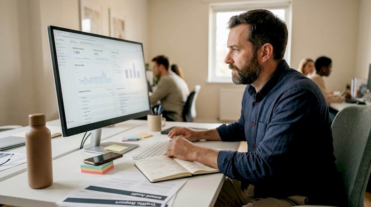 Man reviewing SEO audit on desktop monitor