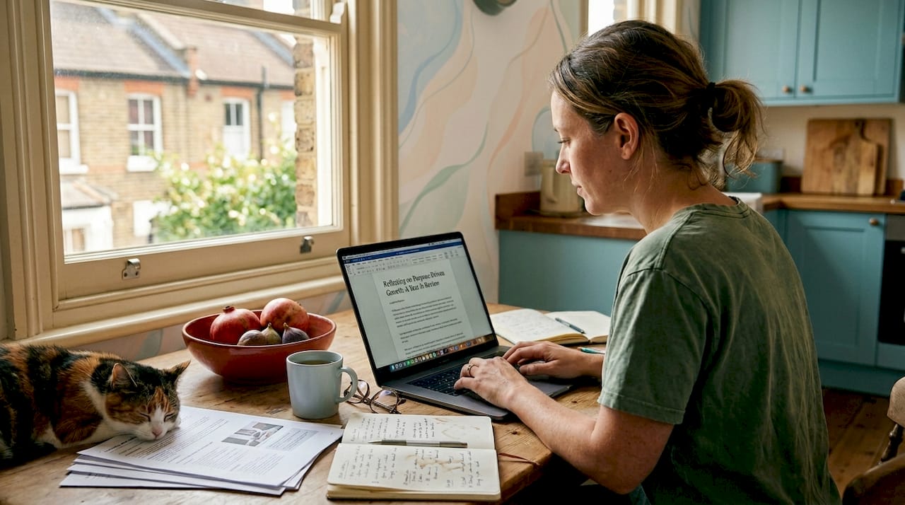 Blogger drafts content at lived-in kitchen table