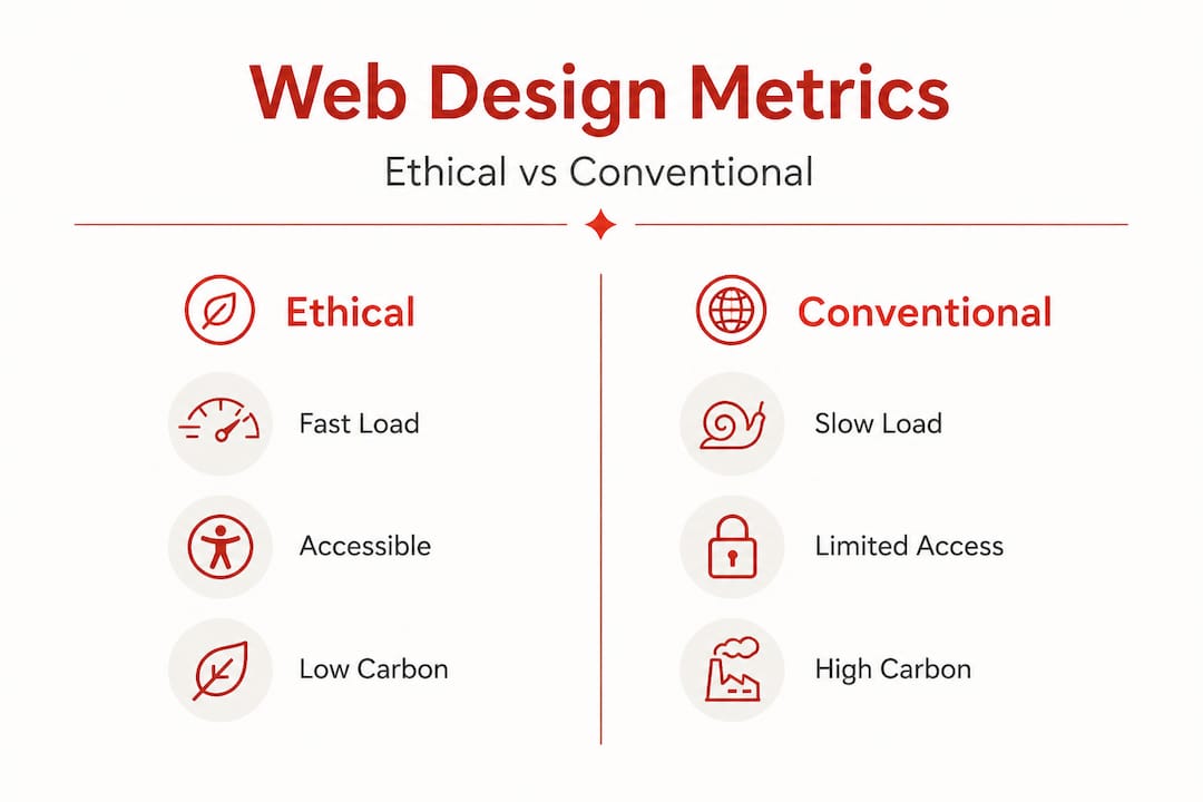 Split infographic comparing web design metrics