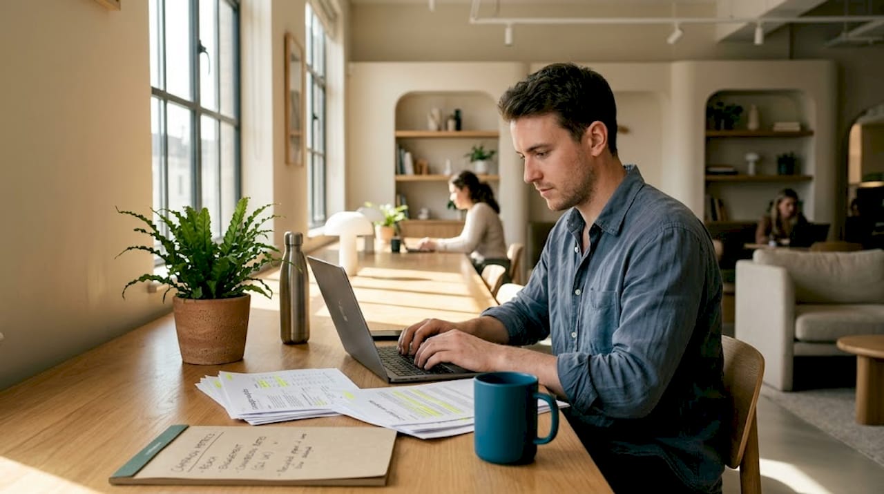 Manager reviewing sustainable campaign analytics at desk