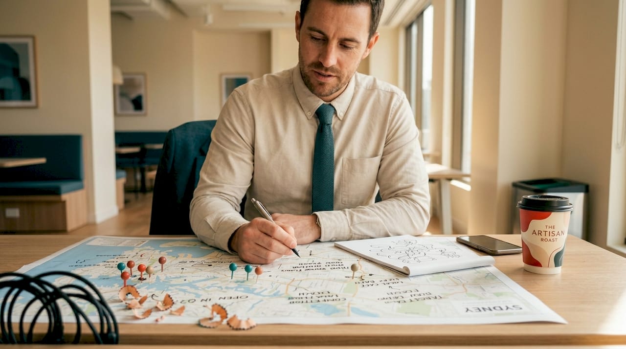 Analyst reviewing marked Sydney map