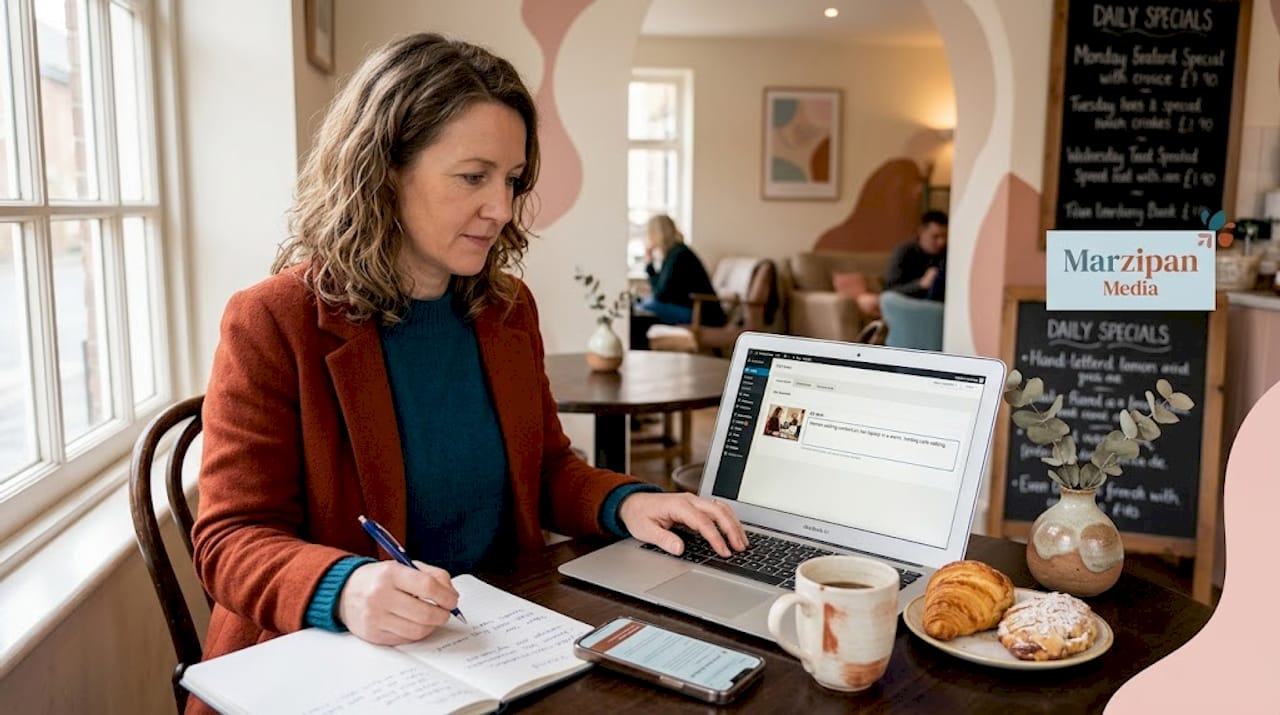 Marketing manager updating image alt text at kitchen table