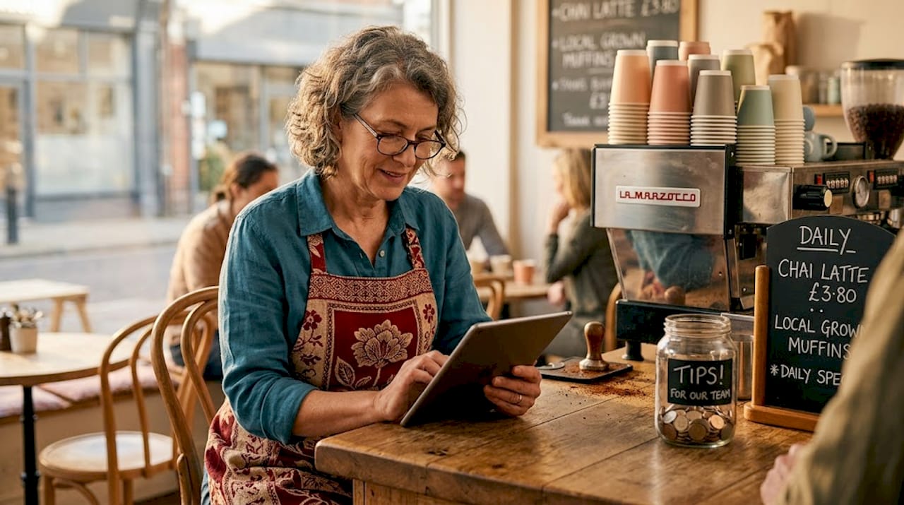 Café owner reading online reviews behind counter