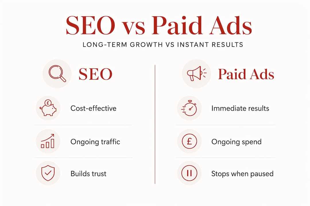 Infographic comparing SEO and paid ads for business growth