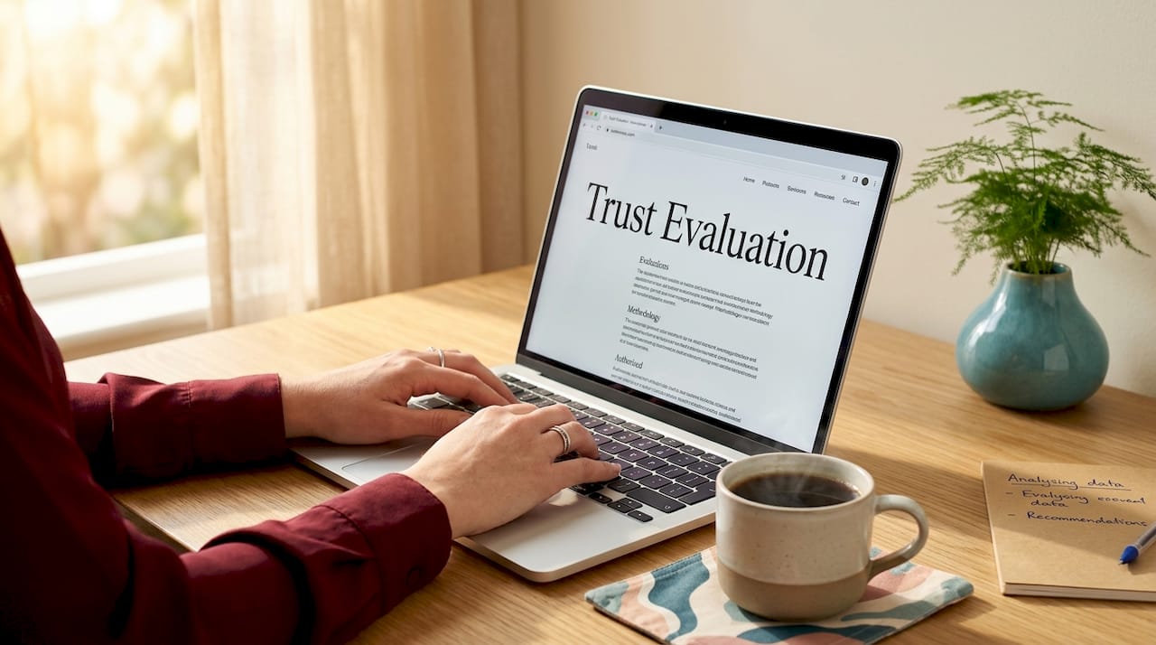 Close-up of hands typing trust evaluation webpage