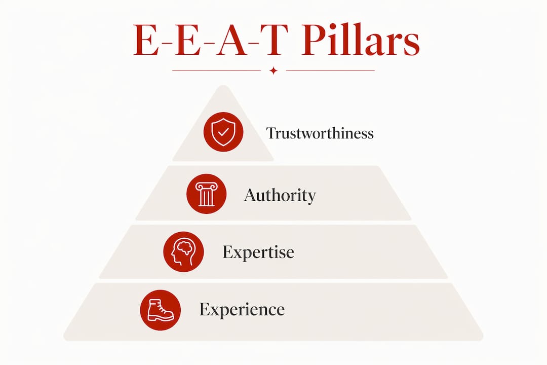 Infographic pyramid showing E-E-A-T SEO pillars