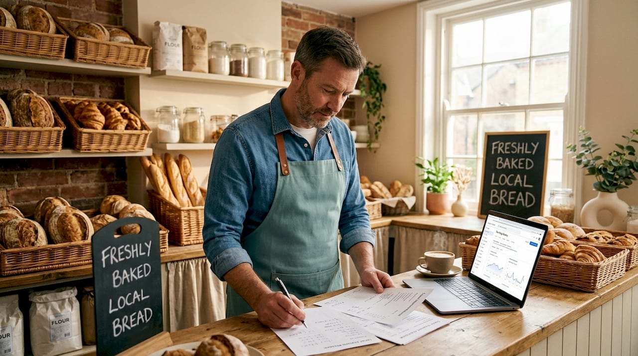 Bakery owner reviewing local SEO strategies
