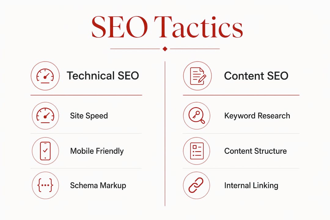 Infographic comparing technical and content SEO tactics