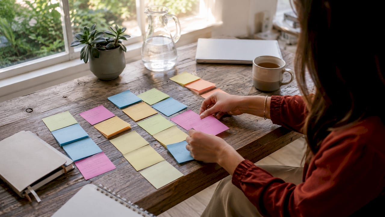 Hands sorting digital marketing category cards on desk