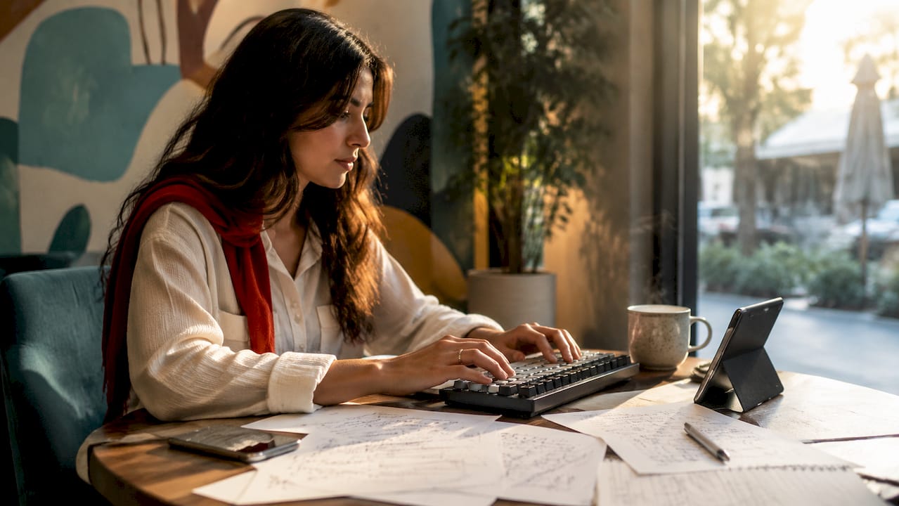 Marketer typing content strategy notes