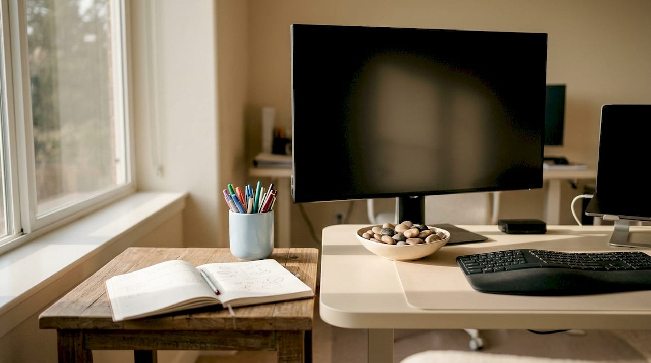 Overhead view of office desk with planner and stationery