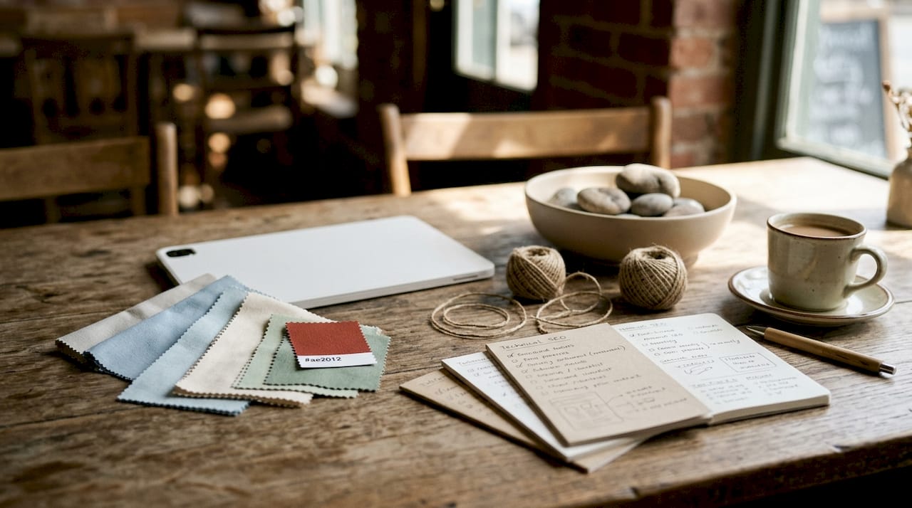 Overhead view of SEO planning workspace with natural tones