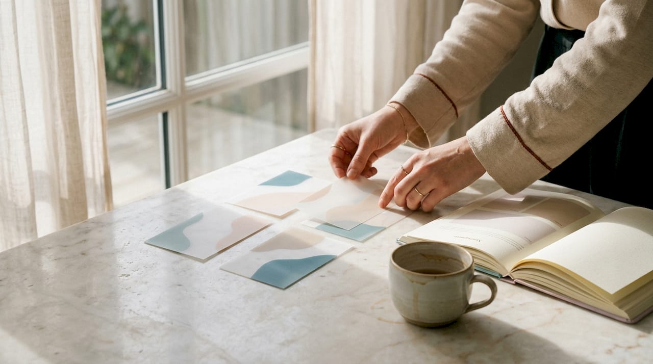 Hands arranging pastel cards in brand narrative workshop