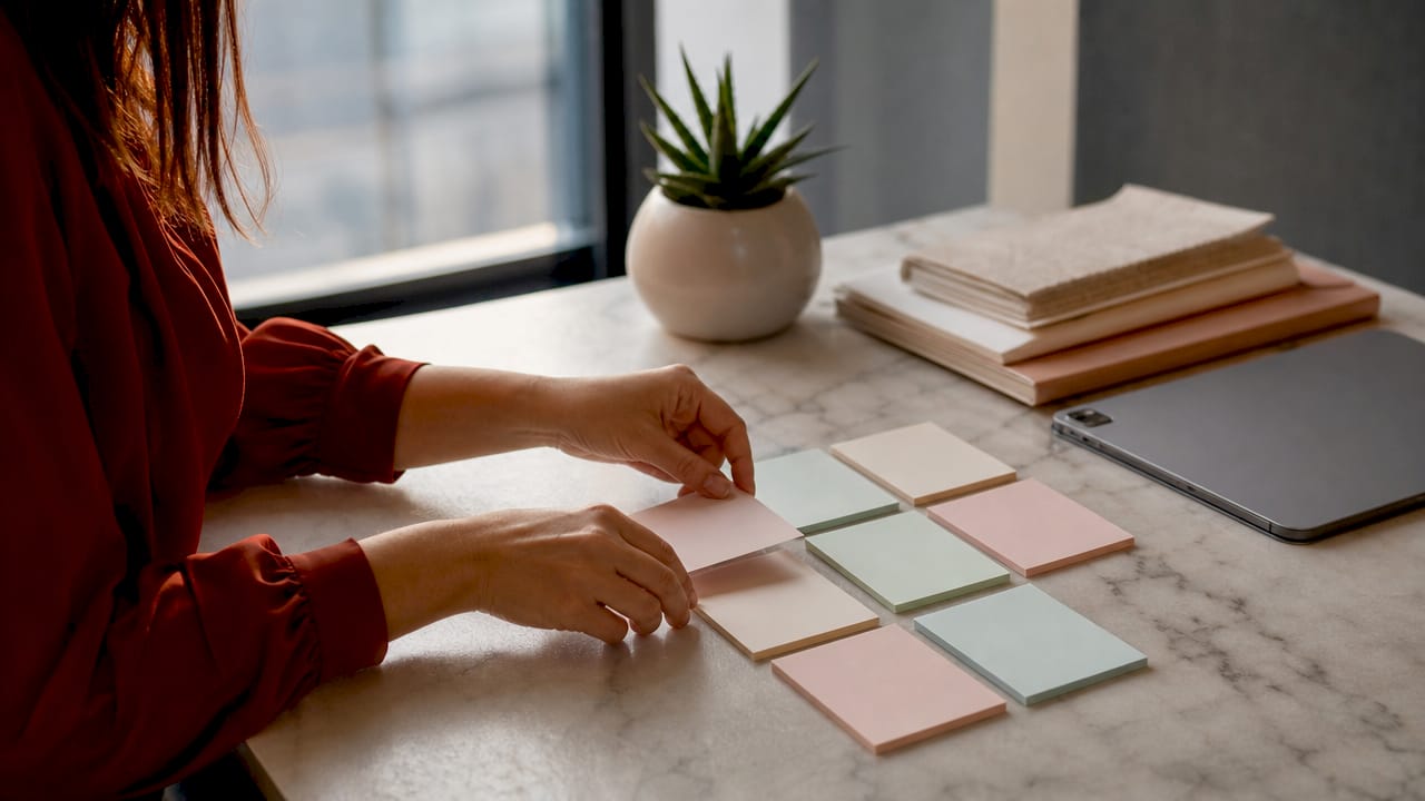 Hands holding tablet next to audit tools on desk