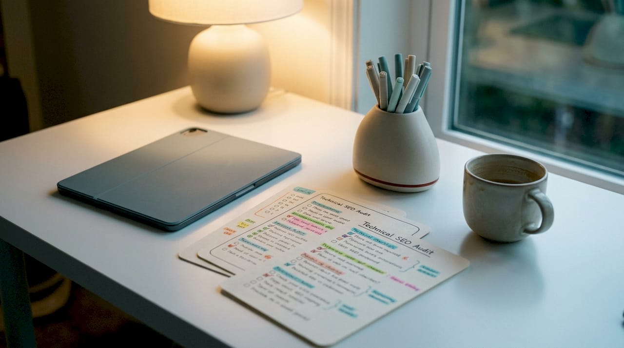 Flat lay of SEO technical audit tools and checklist