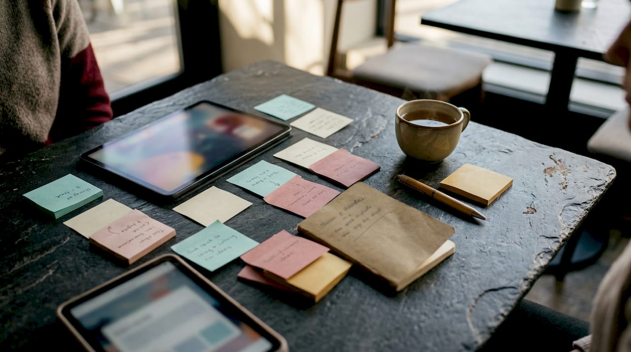 Side view of tablets and notes in pastel home office
