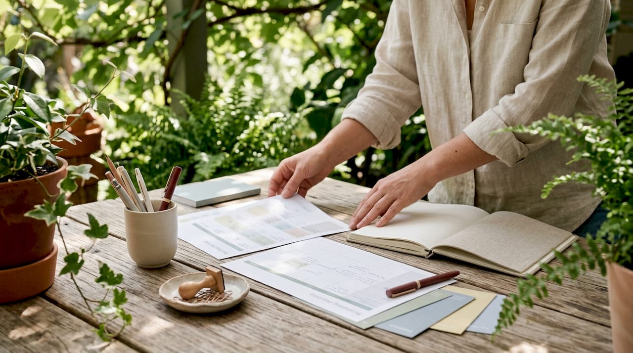 Hands arranging marketing planning sheets