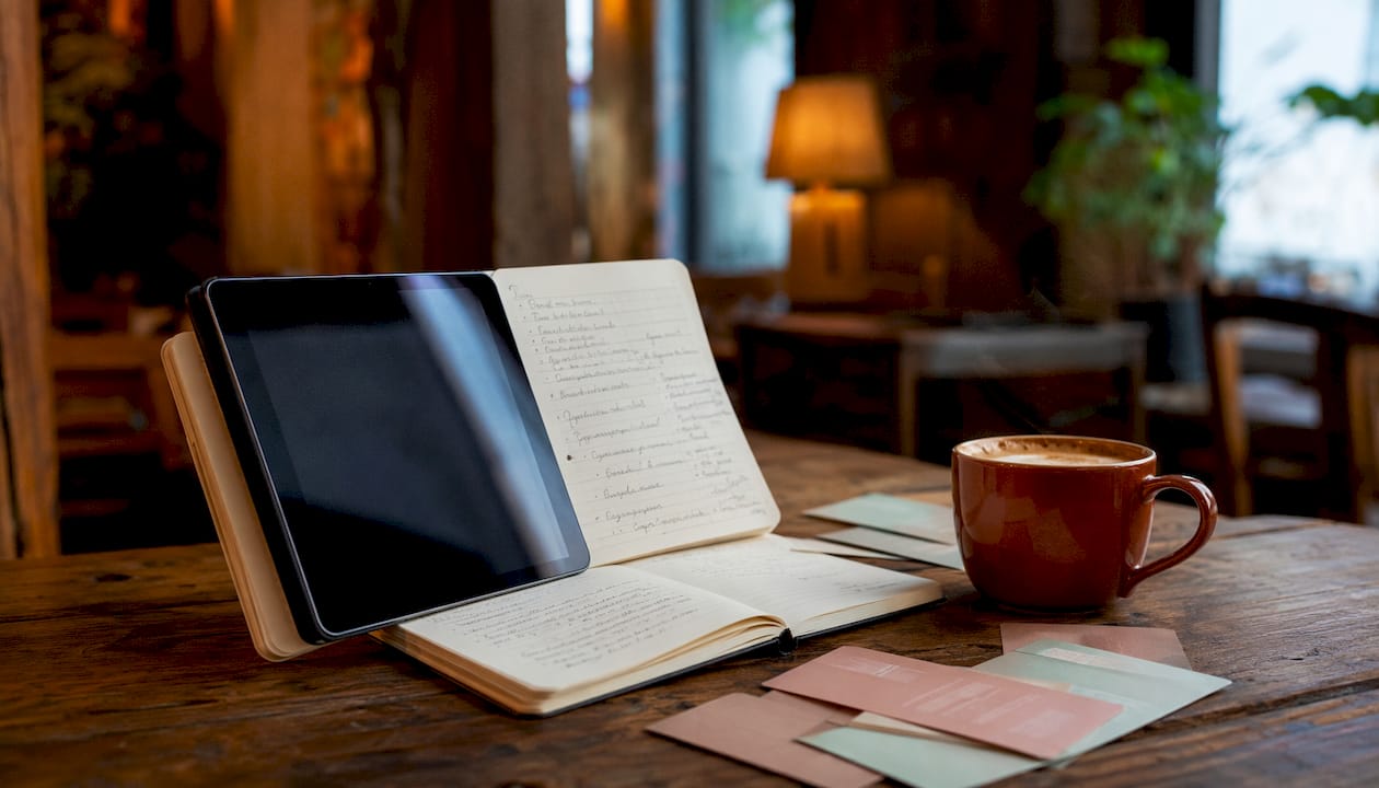 Cafe table with SEO notes and coffee cup