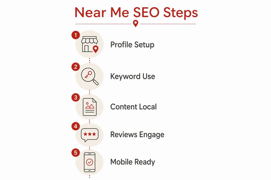 Infographic showing key steps for near me SEO optimization