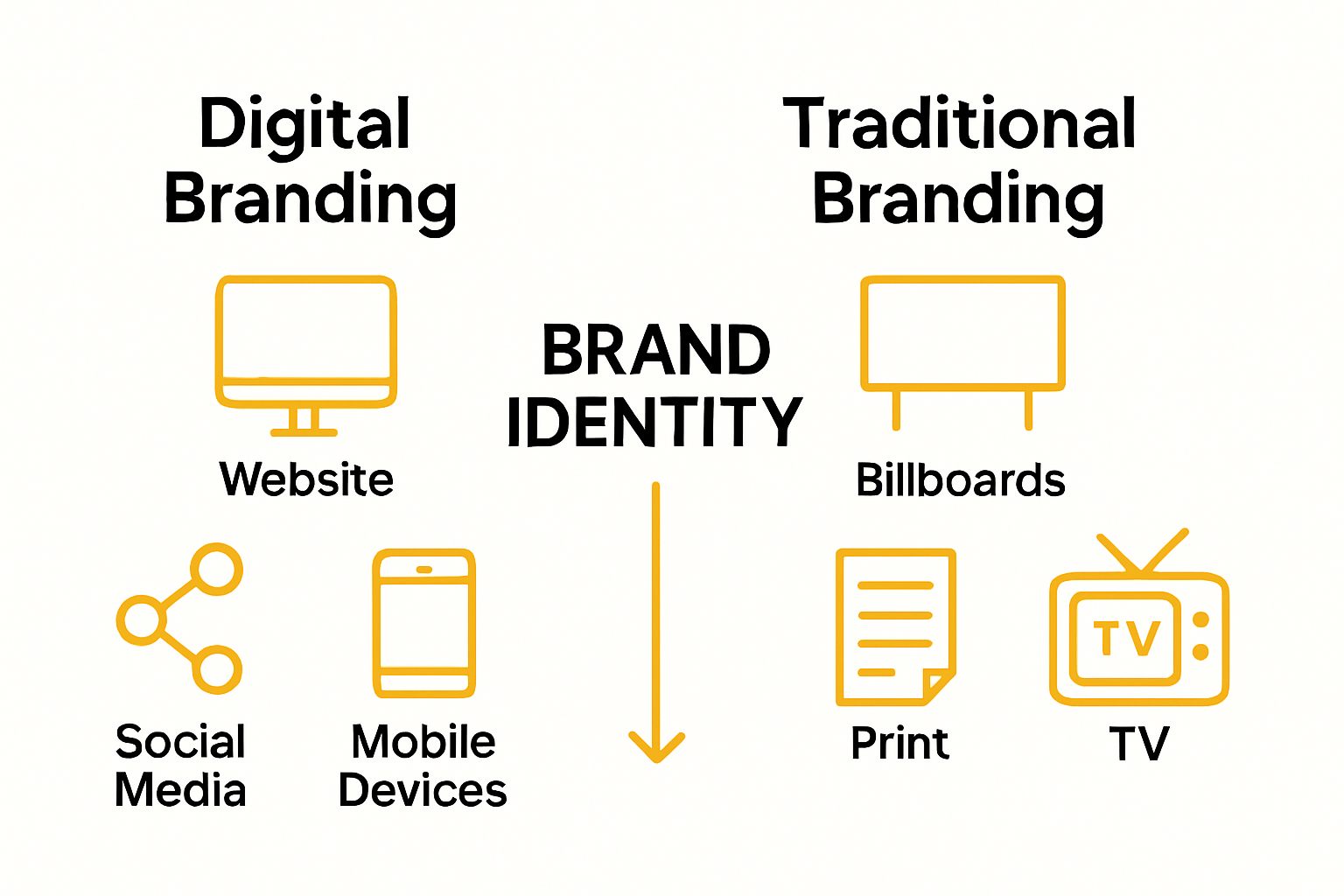 Side-by-side comparison of digital branding and traditional branding with icons.