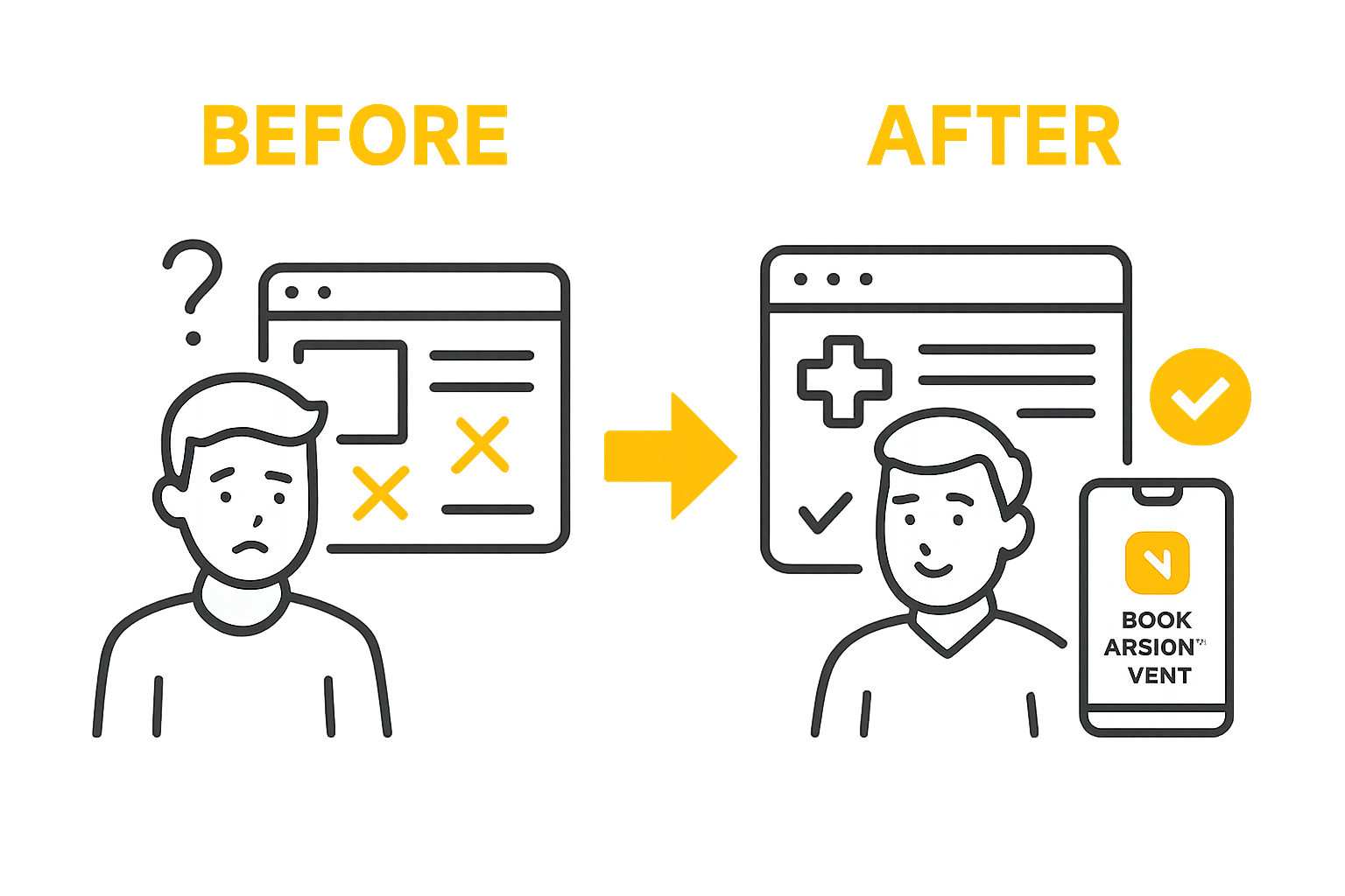 Before and after digital marketing: outdated medical site versus modern optimized experience