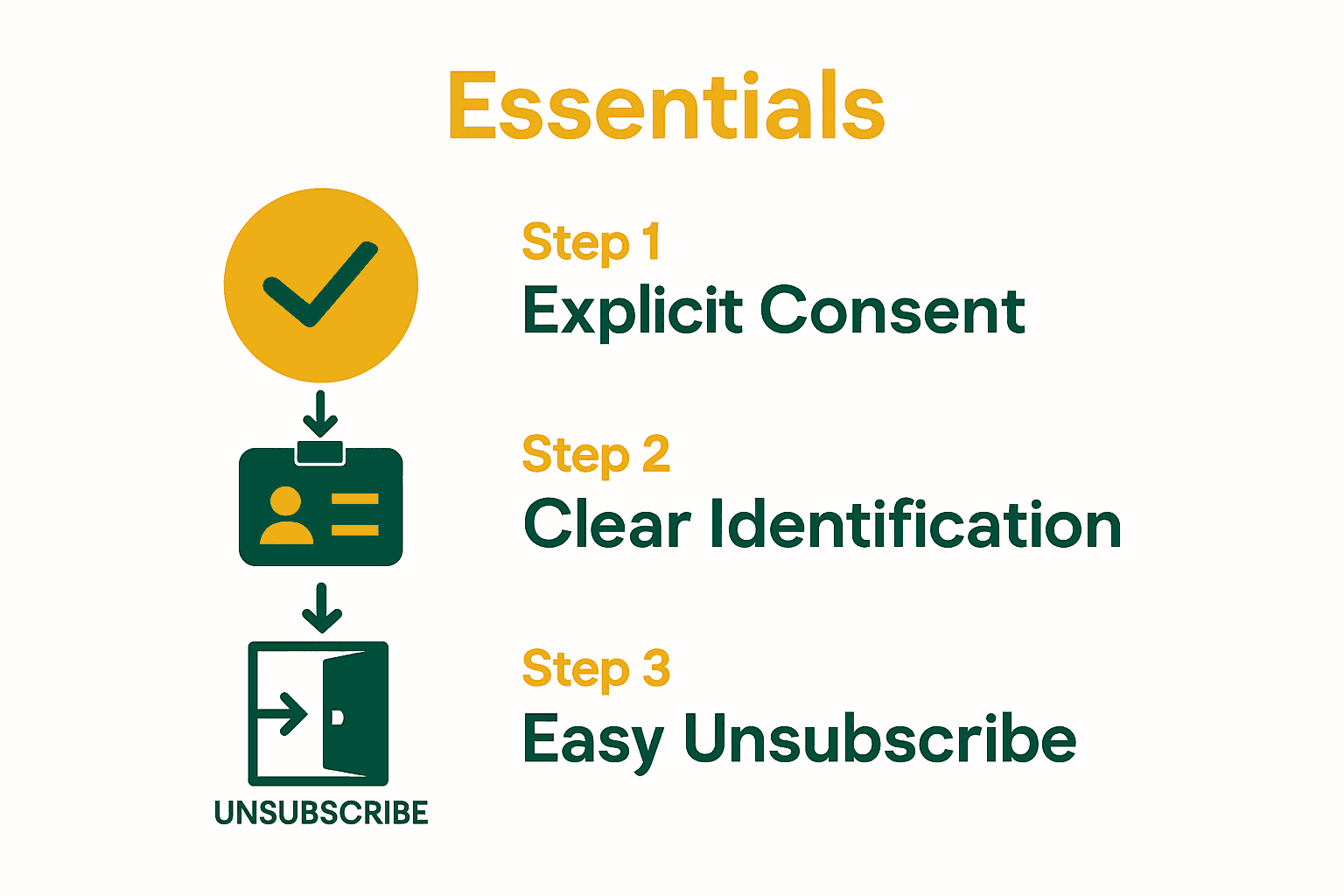 Three-step visual for legal email marketing compliance: consent, identification, unsubscribe.