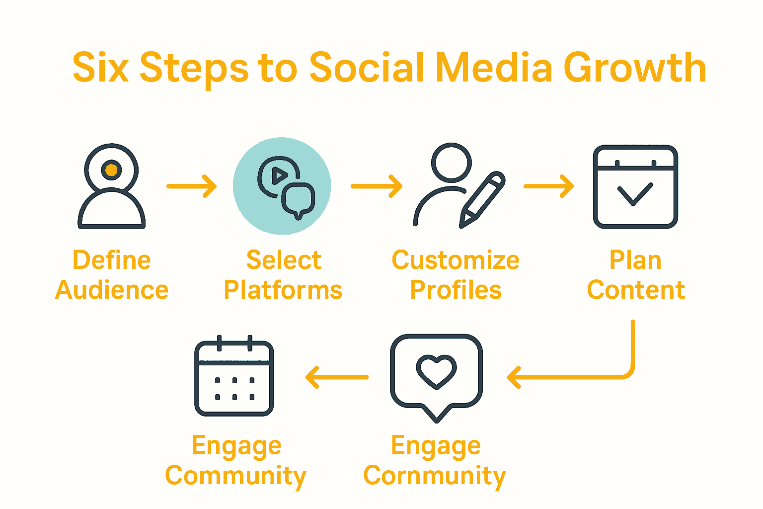Six-step social media marketing process with icons and arrows.