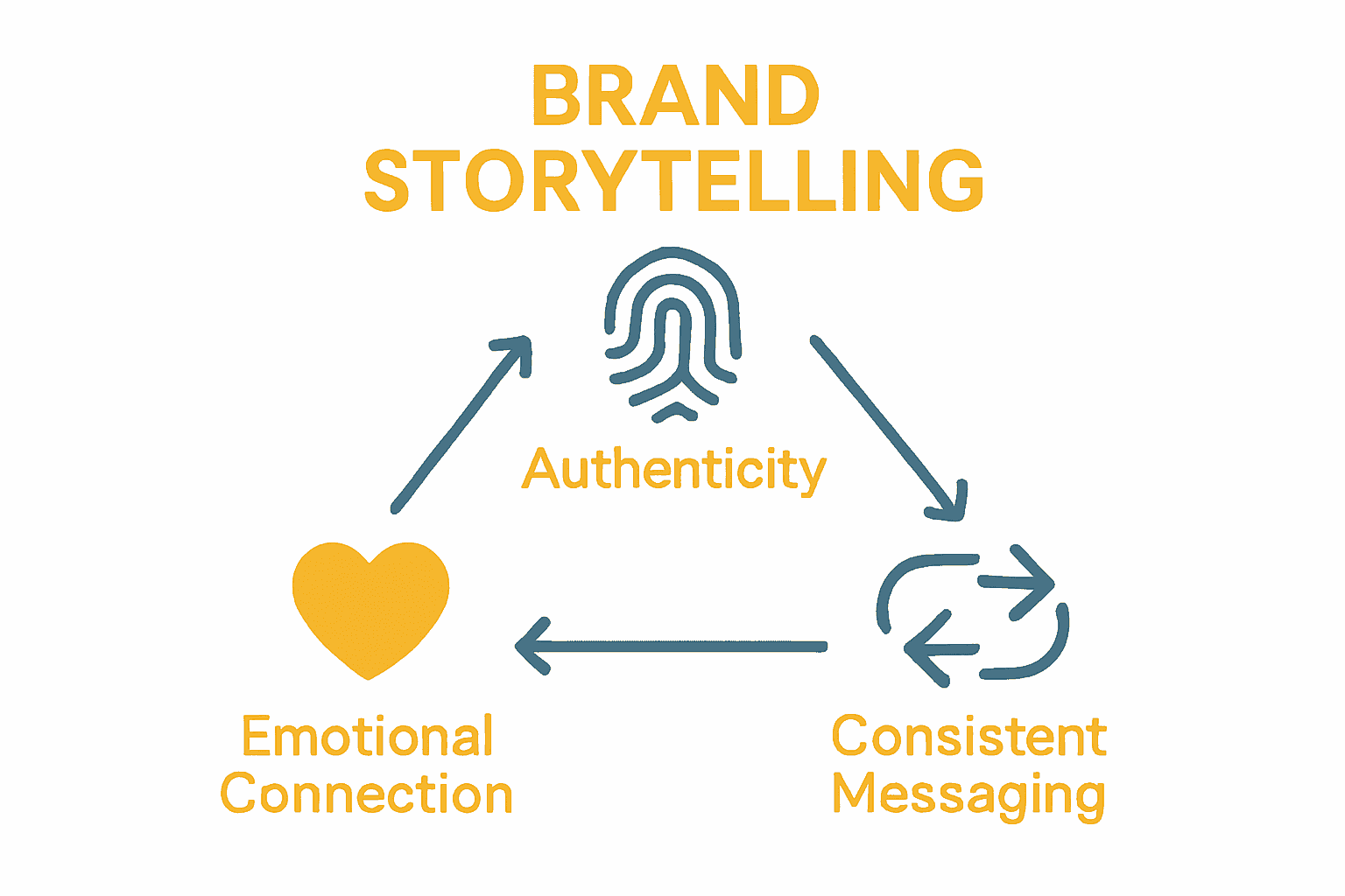 Infographic showing heart, fingerprint, and arrows for storytelling principles