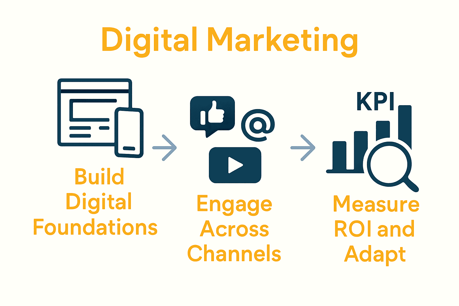 Infographic showing steps to grow digital presence: foundations, engagement, measurement.