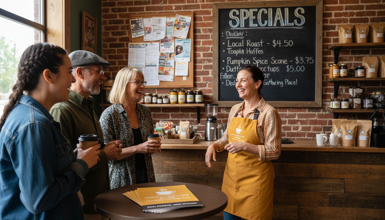 Café owner engaging local customers authentically