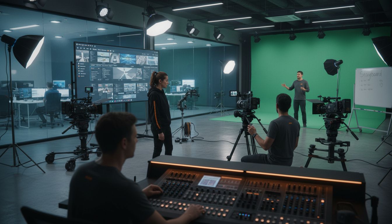 Modern video production studio bustling with activity